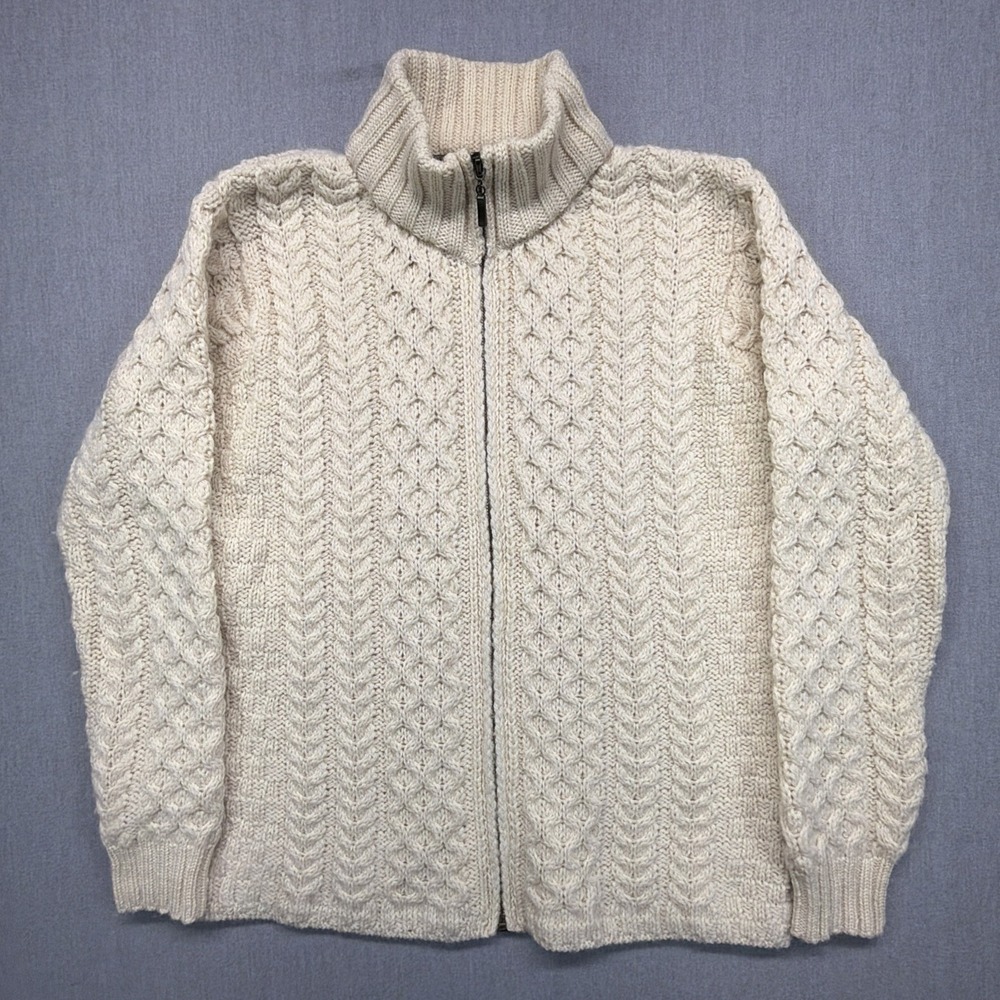 Inis Crafts Aran Womens Medium Beige Merino‎ Wool Cable Knit Sweater
